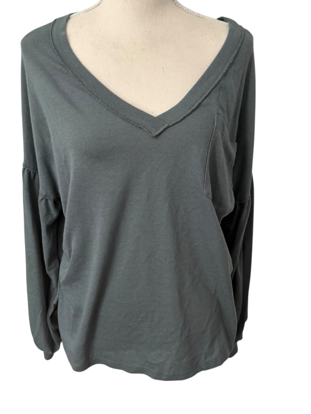Adreamly Womens V-Neck Balloon Sleeve‎ Pocket Top Slate Blue Green Size Large